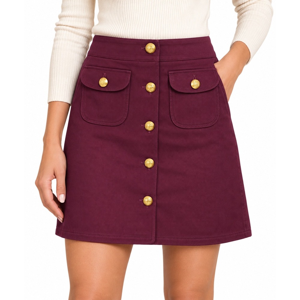 Talbots Petite Burgundy Twill Button Front Mini Skirt Gold Crest Buttons 0P NWT